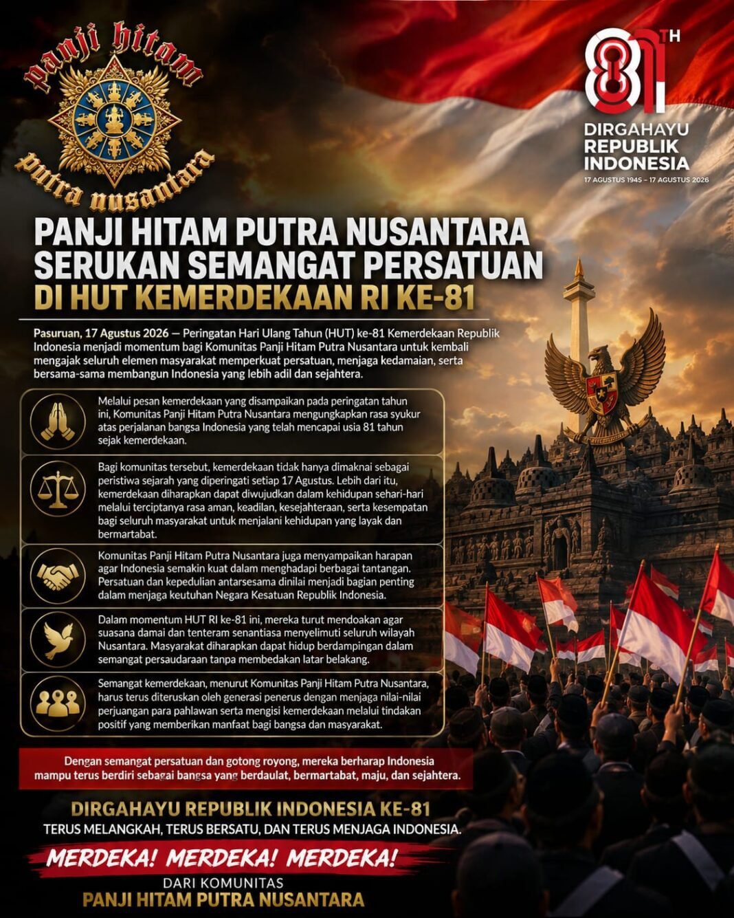 Panji Hitam Putra Nusantara Serukan Semangat Persatuan di HUT Kemerdekaan RI ke-81 Panji Hitam Putra Nusantara Serukan Semangat Persatuan di HUT Kemerdekaan RI ke-81