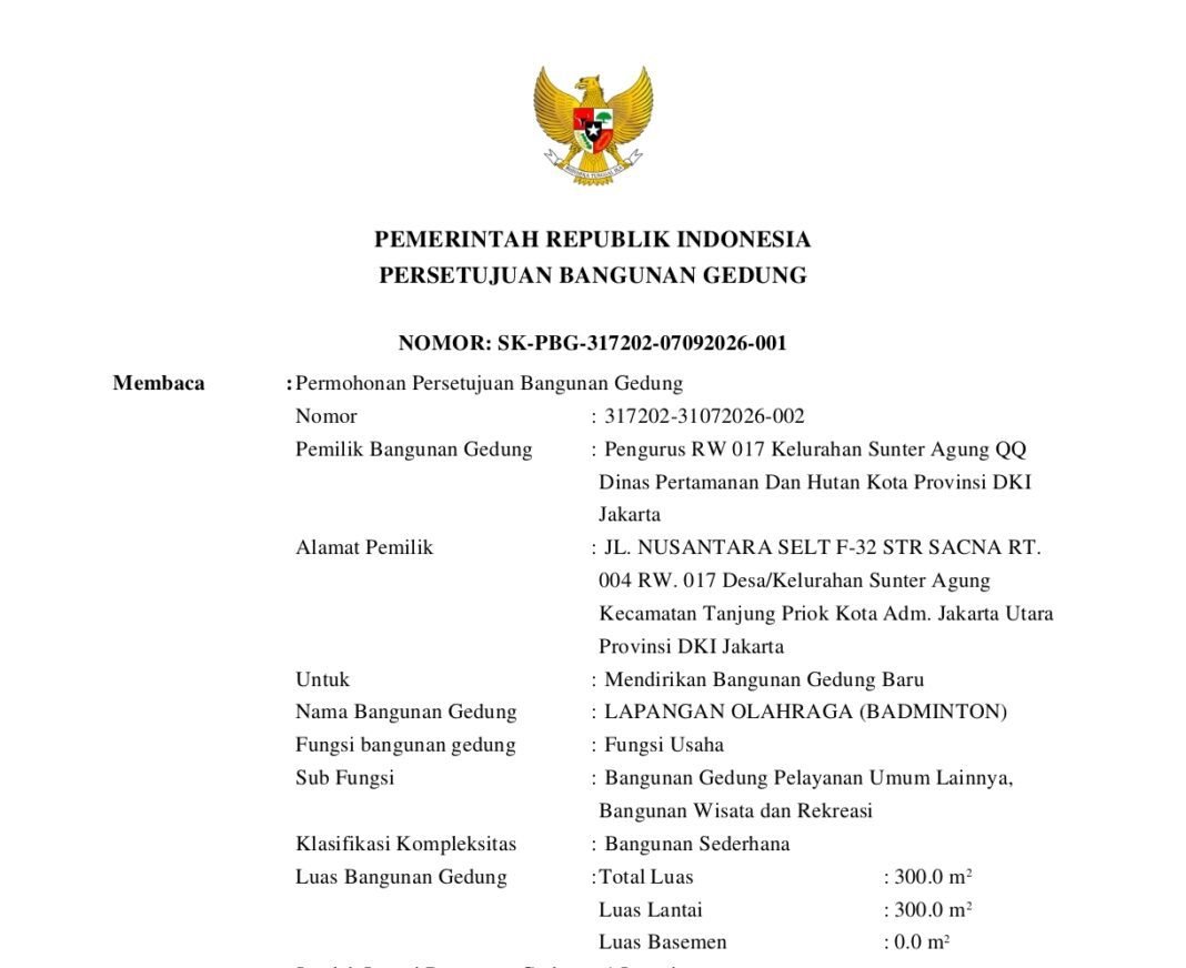 PBG Lapangan Badminton RW 017 Sunter Agung Diduga Cacat Hukum PBG Lapangan Badminton RW 017 Sunter Agung Diduga Cacat Hukum